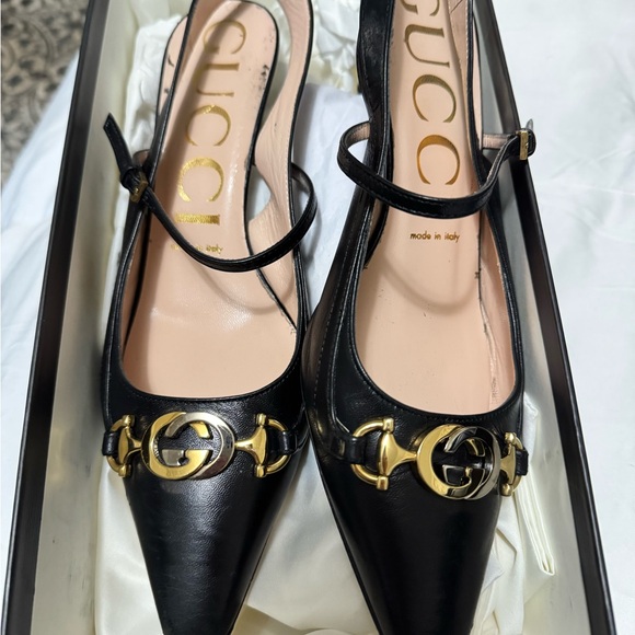 Gucci Black Leather Heels with Gold Accents - Picture 1 of 4